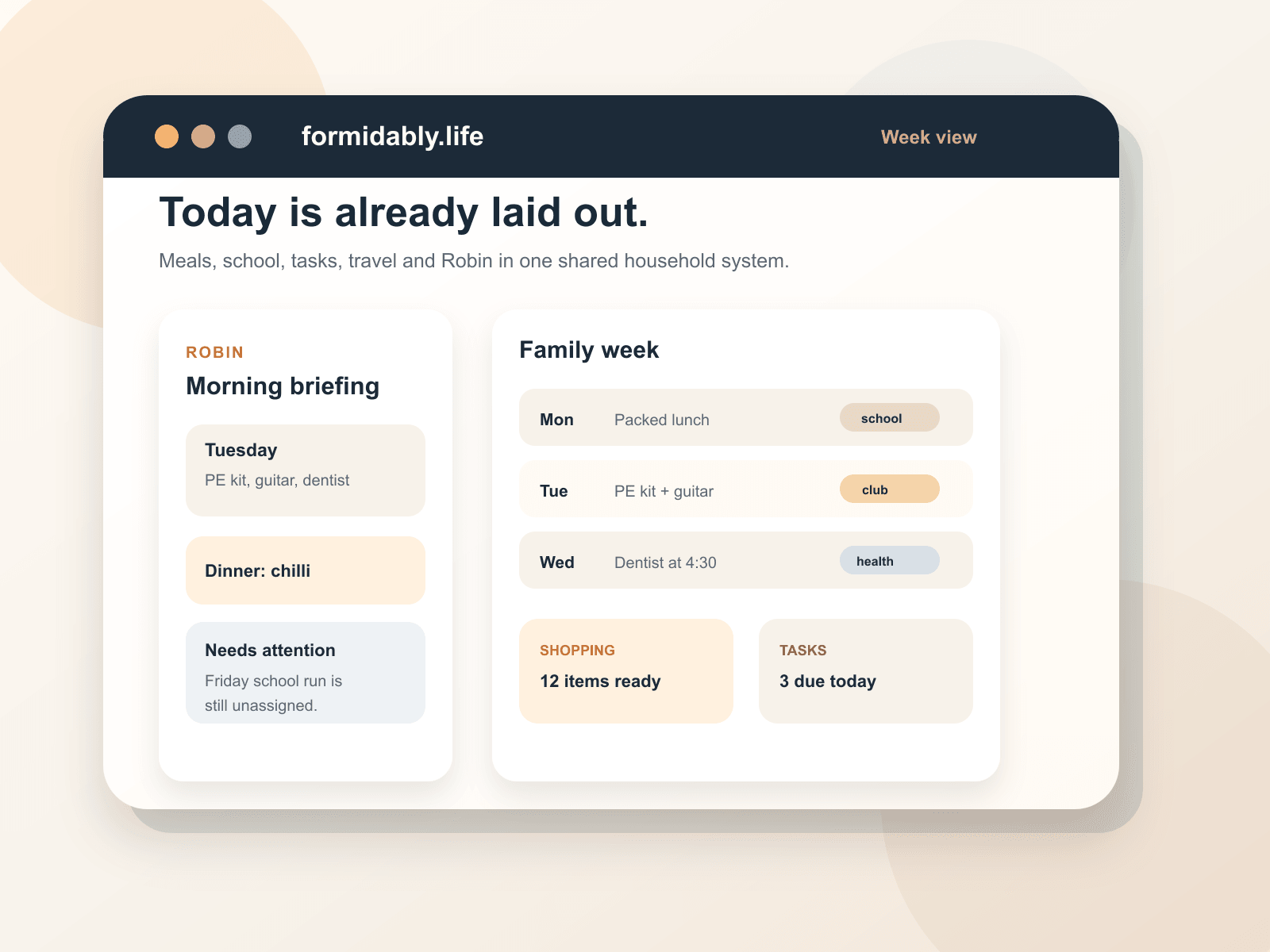 formidably.life household planning dashboard